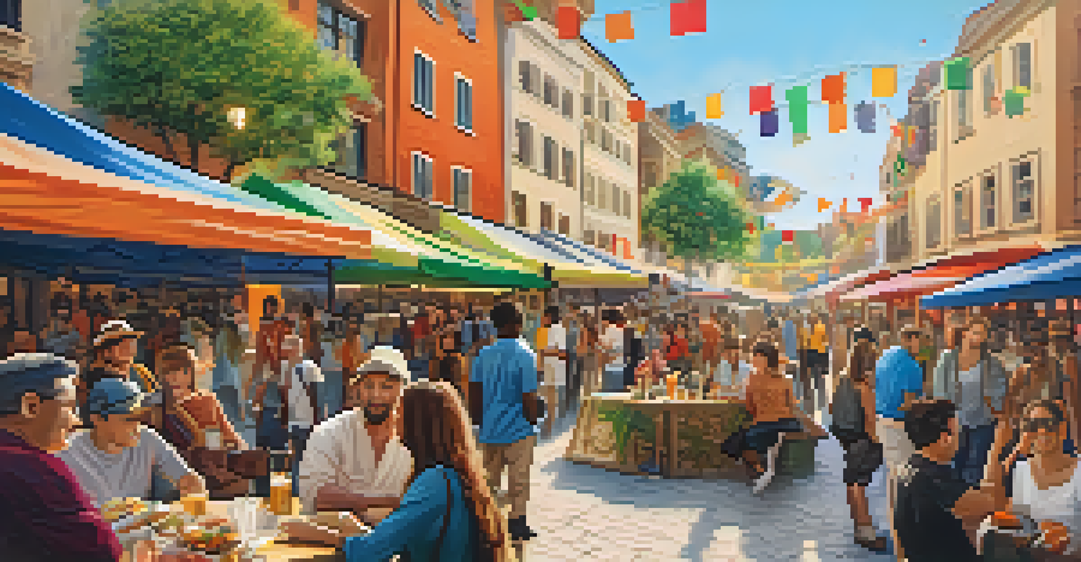 Digital nomads interacting at an outdoor community event in a bustling city square.