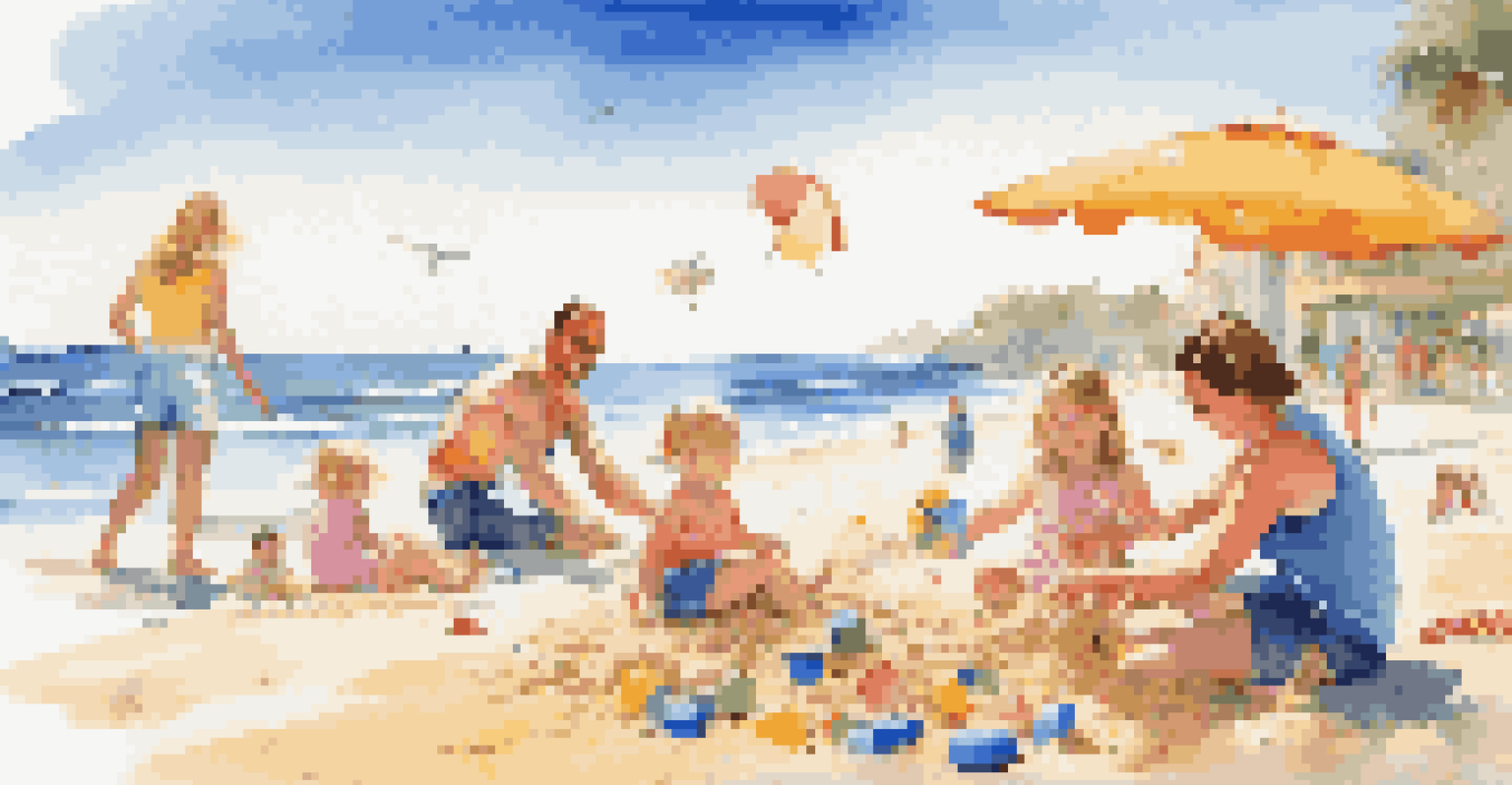 A joyful family enjoys a day at the beach, with toddlers playing in the sand and parents applying sunscreen, surrounded by colorful beach toys and a sparkling ocean.