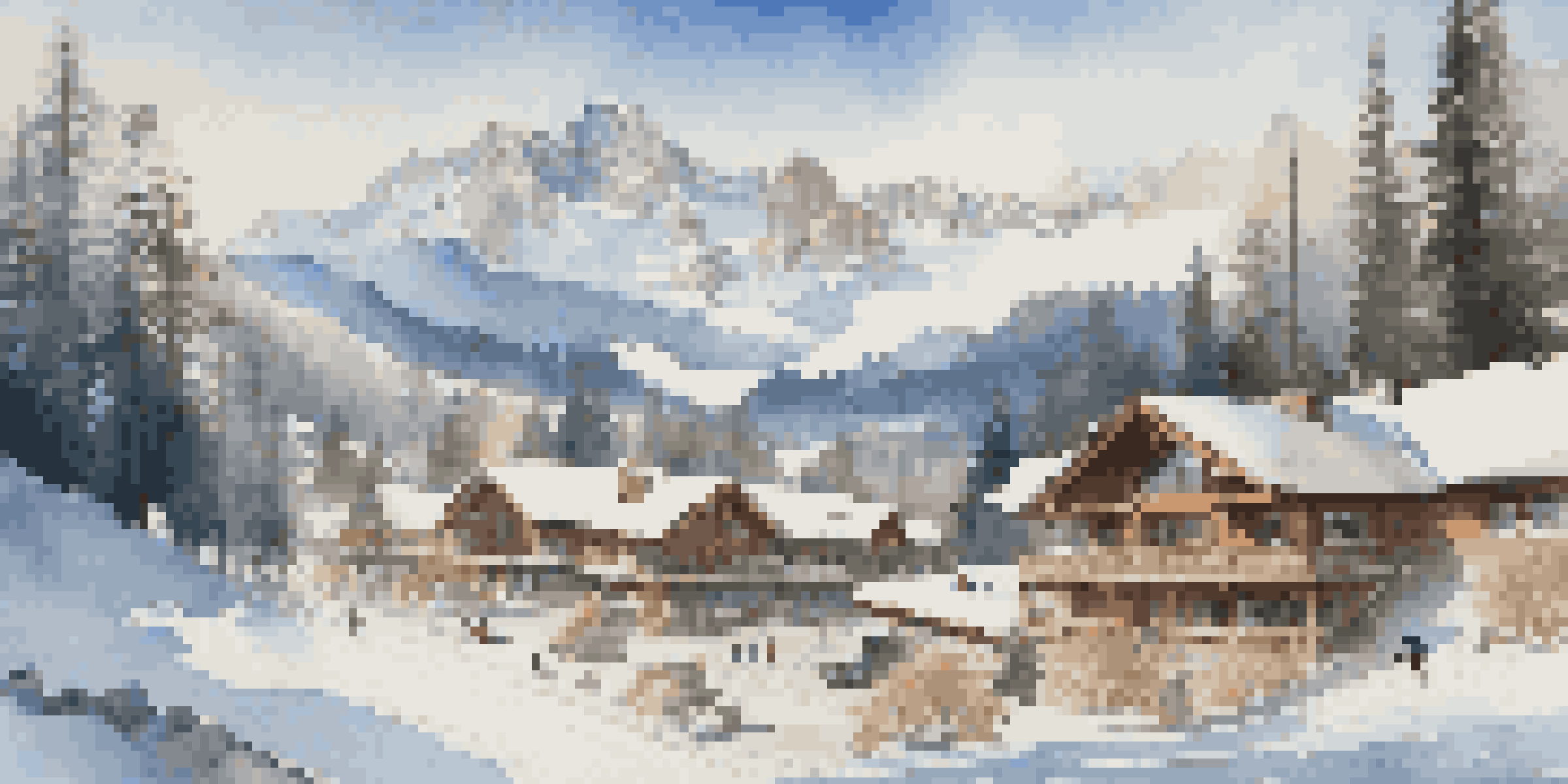 A winter mountain resort with skiers on the slopes, surrounded by snow-covered trees and a cozy lodge.