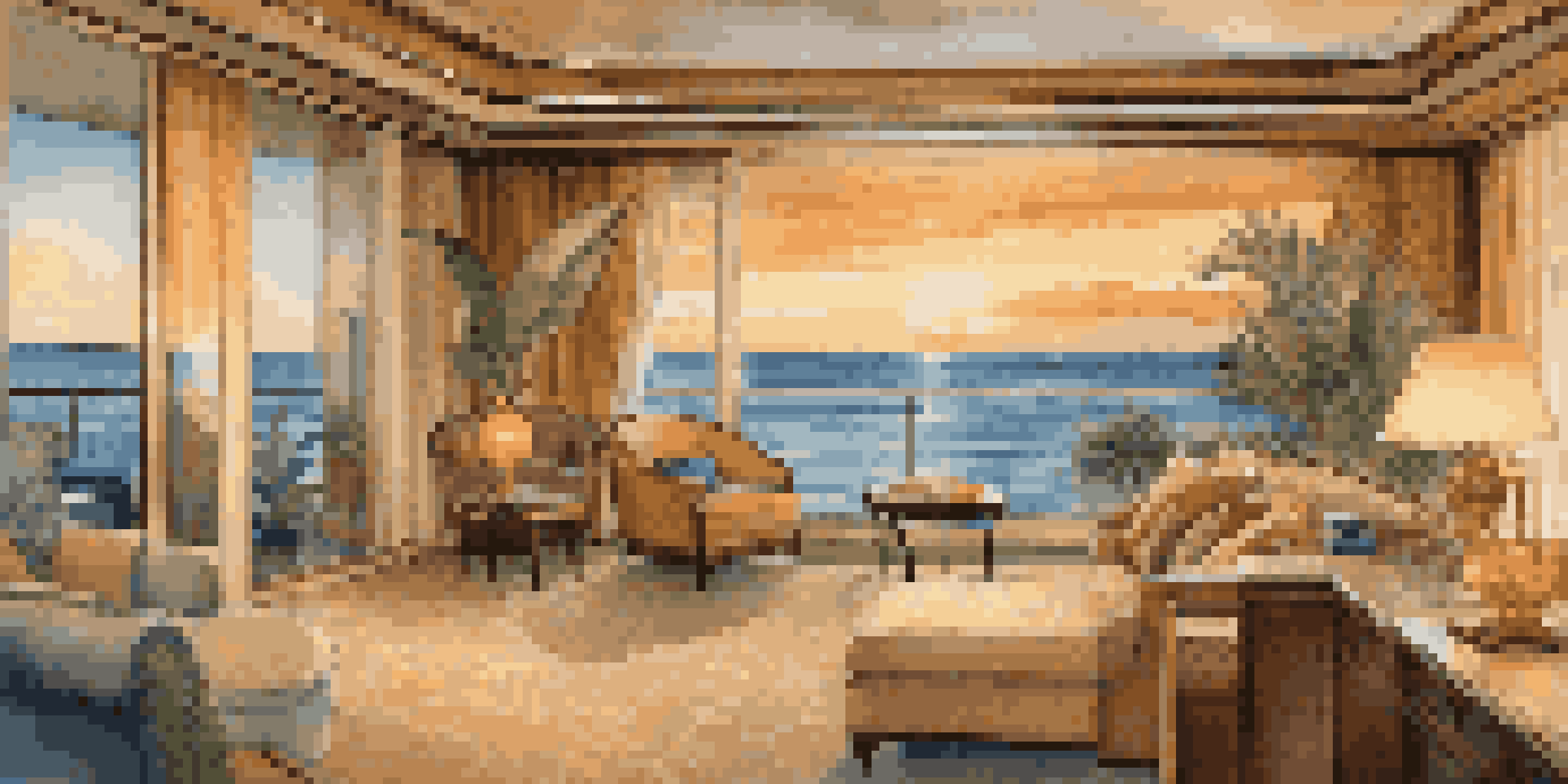 A luxurious cruise suite with large windows displaying an ocean view, elegant furniture, and a private balcony with tropical plants.