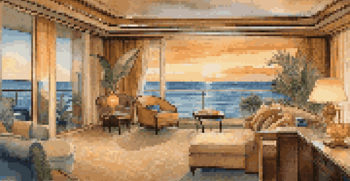 A luxurious cruise suite with large windows displaying an ocean view, elegant furniture, and a private balcony with tropical plants.