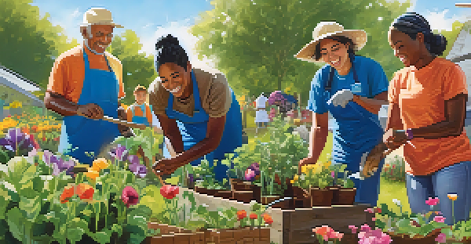 A group of diverse volunteers planting in a community garden, showcasing teamwork and cultural diversity in a sunny rural environment.