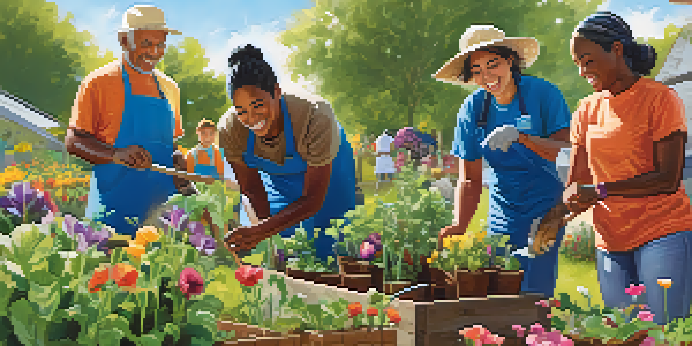 A group of diverse volunteers planting in a community garden, showcasing teamwork and cultural diversity in a sunny rural environment.