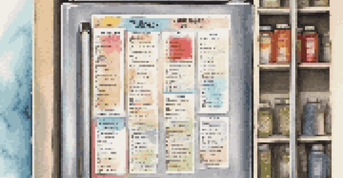 A neatly organized emergency contact list on a fridge, held by colorful magnets, with sunlight illuminating the list.