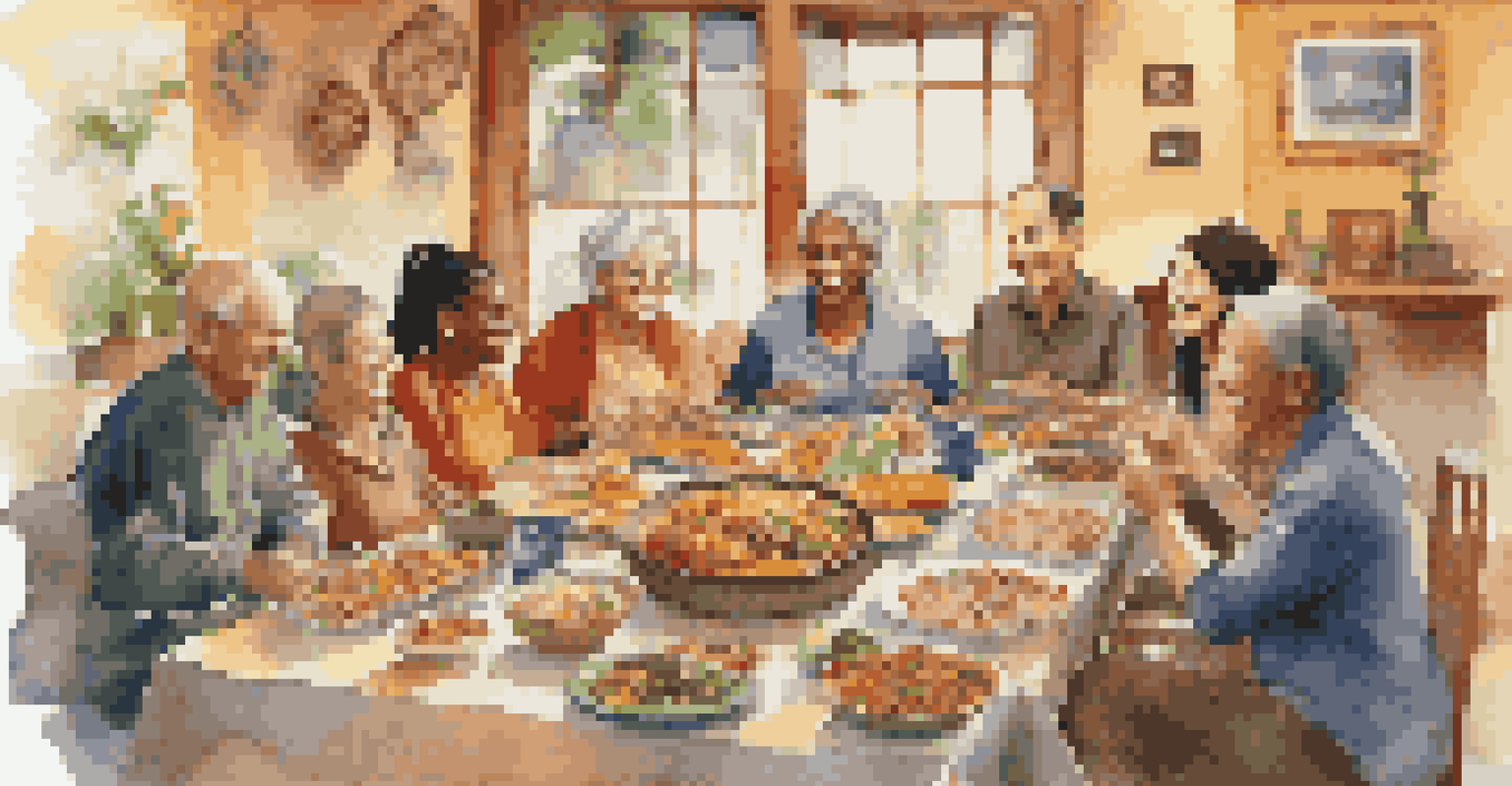 Volunteers sharing a potluck dinner with traditional dishes from various cultures, fostering community and friendship.