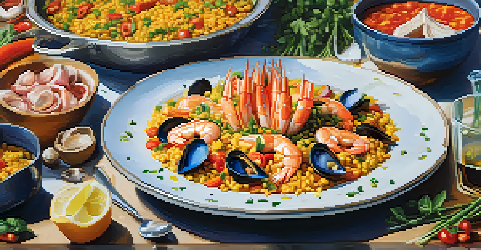 A close-up view of a colorful plate of paella, highlighting fresh seafood and vegetables against a blurred background of a food festival.