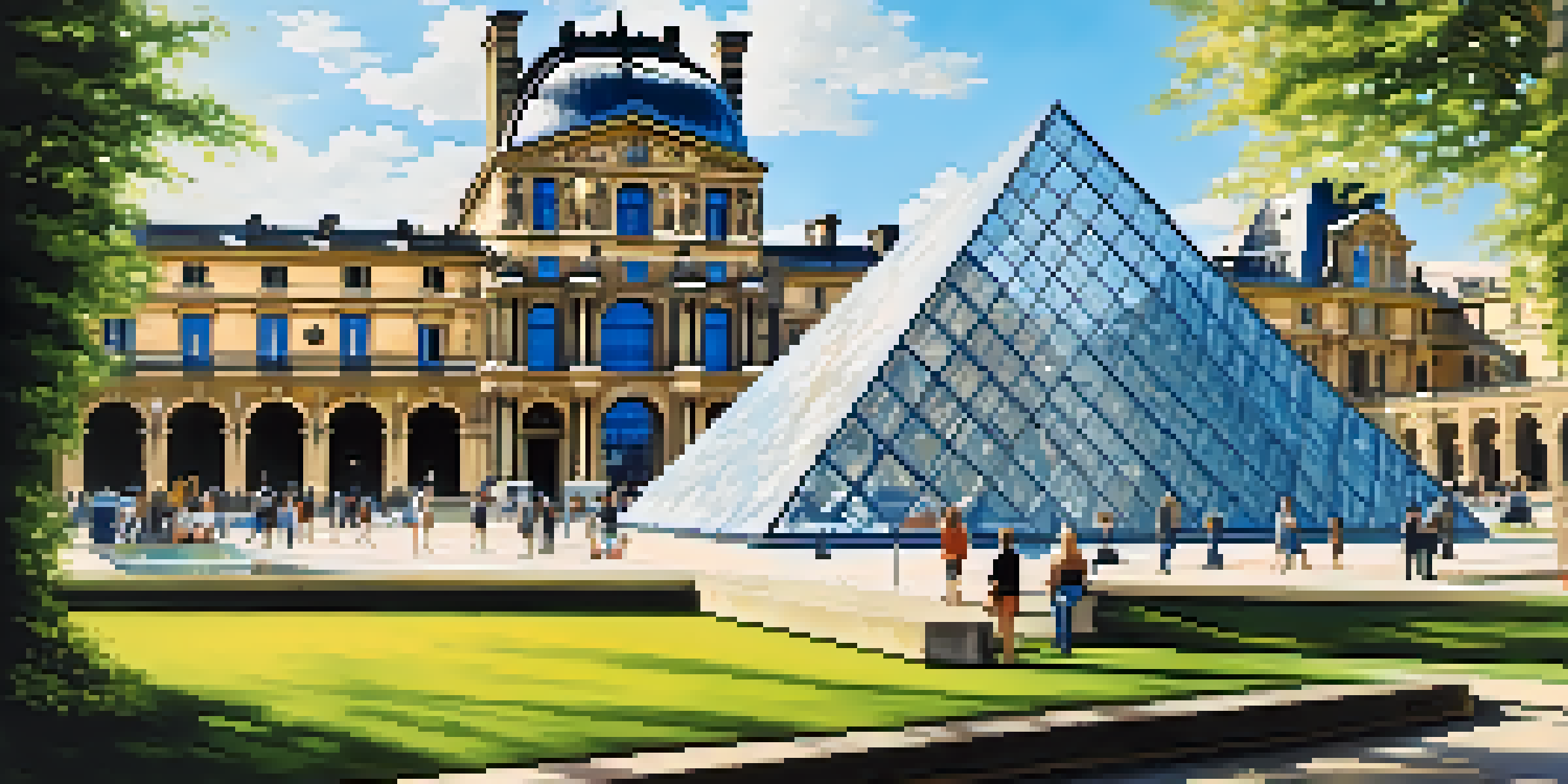 The Louvre Museum in Paris with its glass pyramid entrance and green gardens, showcasing visitors appreciating the art and architecture under a clear blue sky.