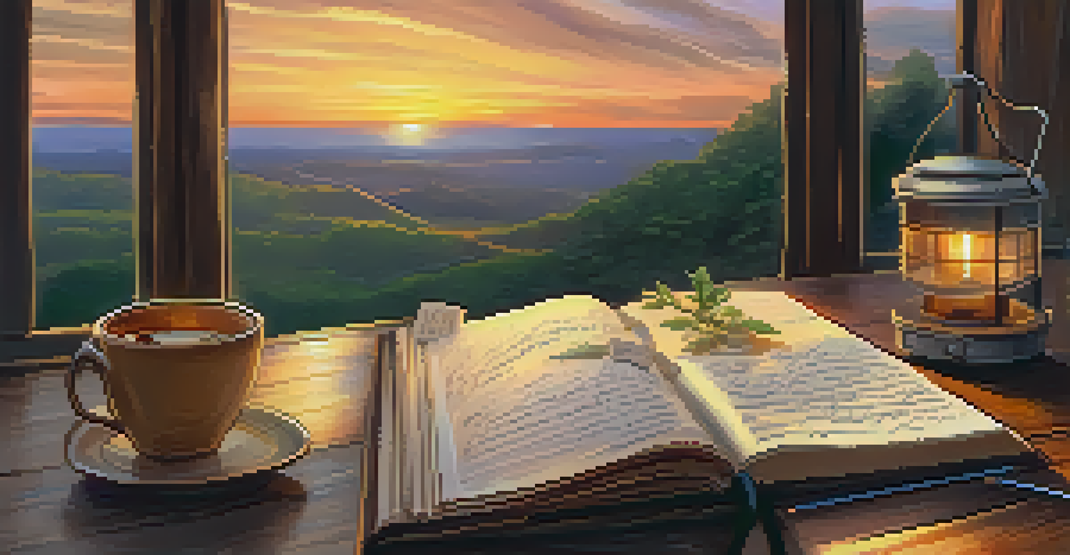 A travel journal open with handwritten notes and sketches, a steaming cup of herbal tea beside it, and a sunset visible through a window.