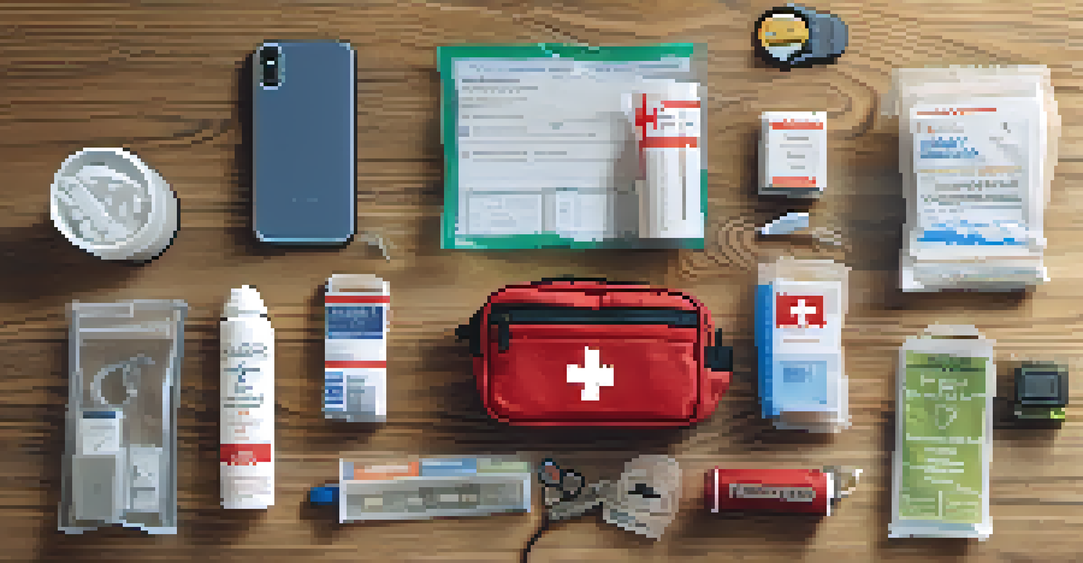 A travel emergency kit on a table with essential items like a first aid kit and flashlight, focusing on preparedness.