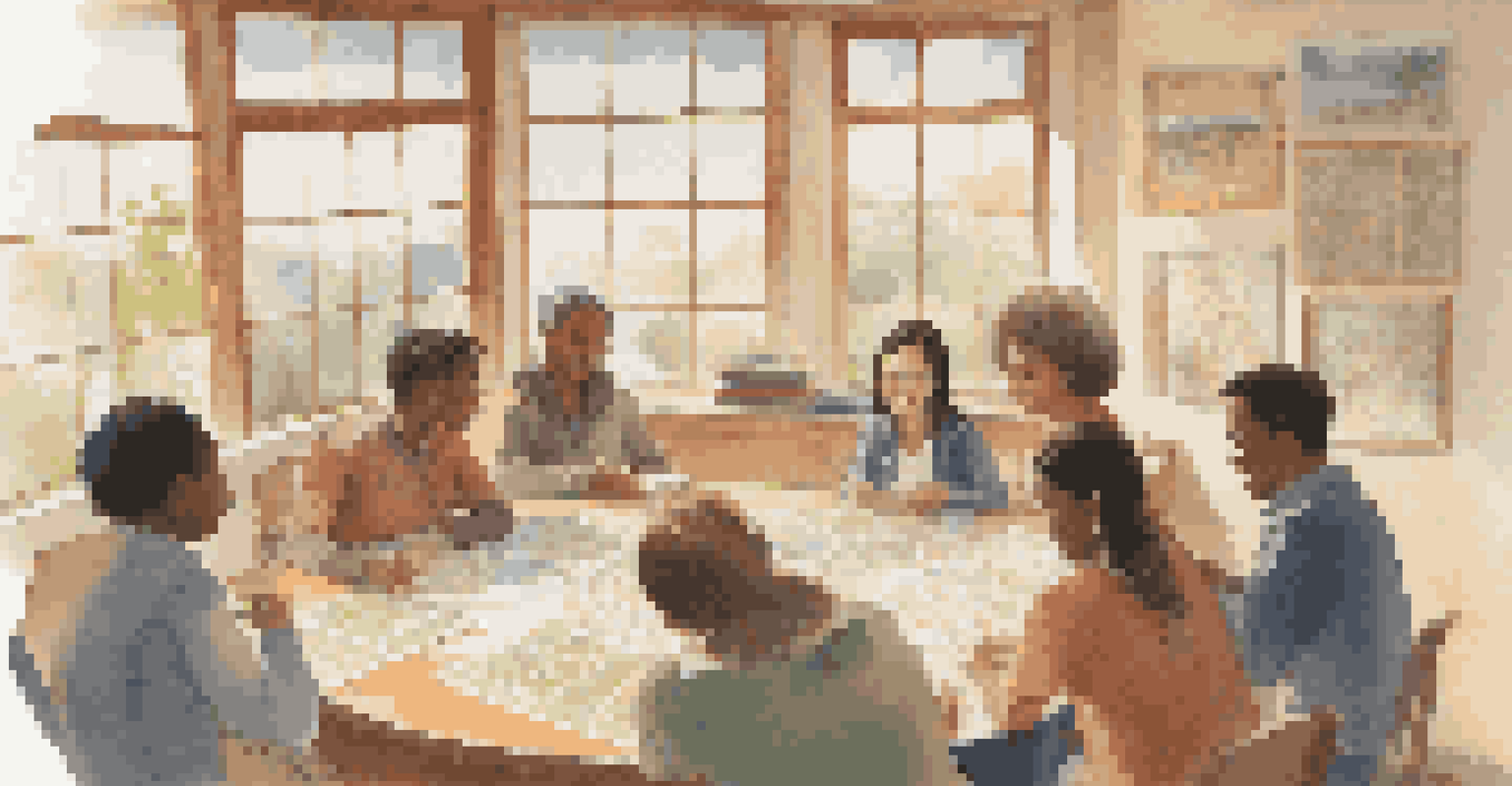 A cozy language classroom with students of various ages engaged in conversation around a table, filled with cultural posters and sunlight filtering through the windows.