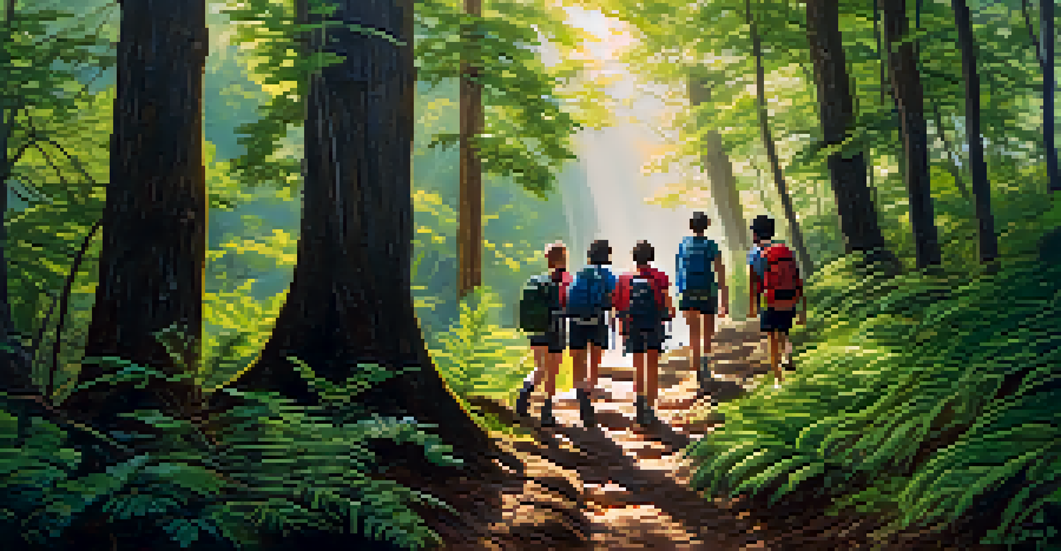 A group of learners hiking through a lush forest, illuminated by sunlight, showcasing their excitement and determination.