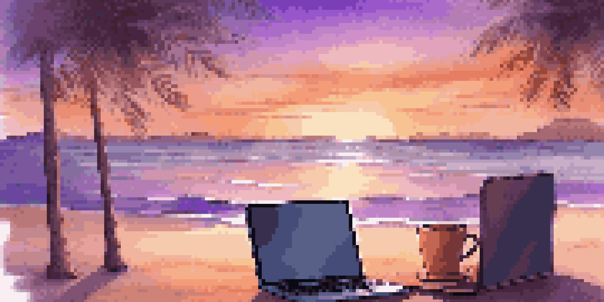 A peaceful workspace on a beach with a laptop and coffee, surrounded by palm trees and a colorful sunset sky.