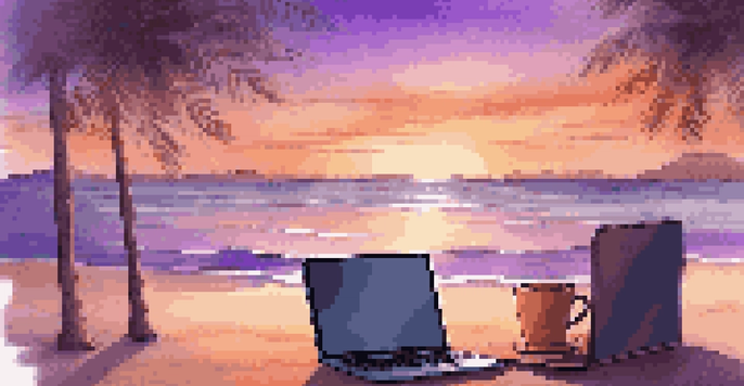 A peaceful workspace on a beach with a laptop and coffee, surrounded by palm trees and a colorful sunset sky.