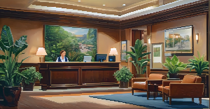 A hotel lobby with a friendly receptionist, warm lighting, and travel-themed artwork.