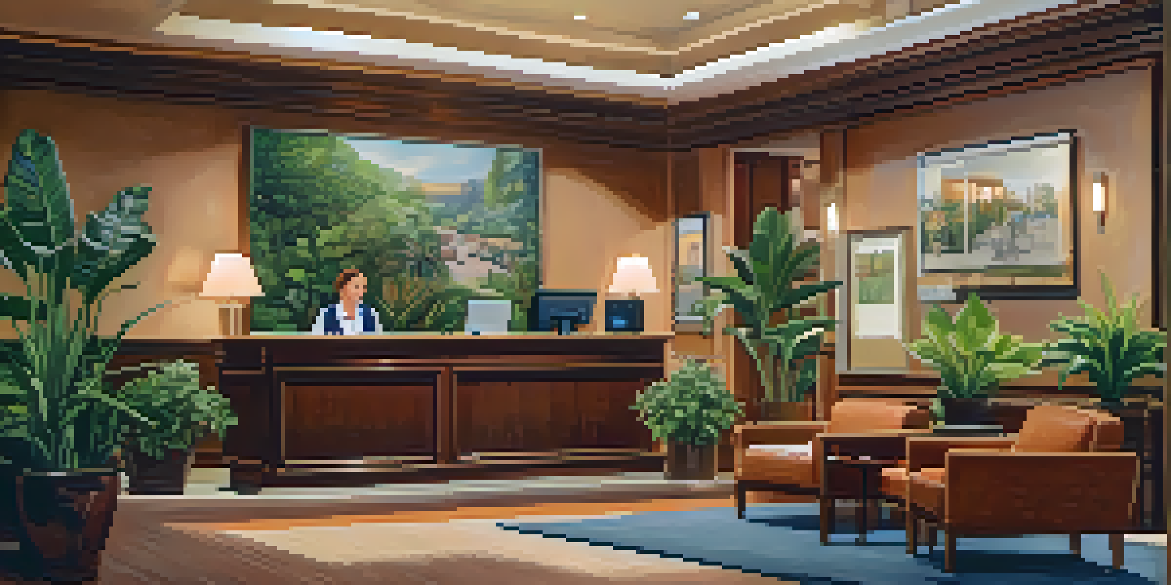 A hotel lobby with a friendly receptionist, warm lighting, and travel-themed artwork.