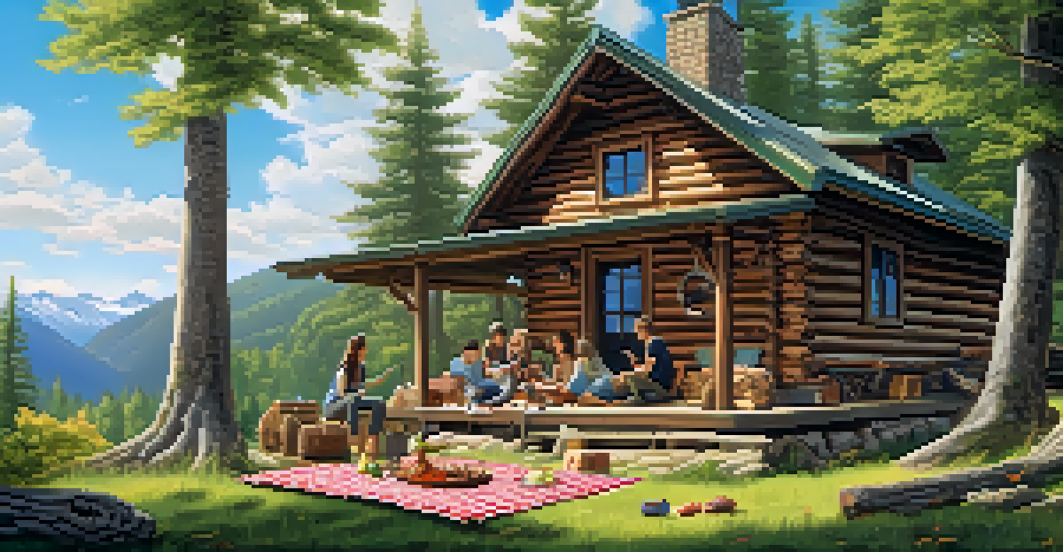 A family enjoying a board game on a picnic blanket in front of a cozy mountain cabin surrounded by trees.