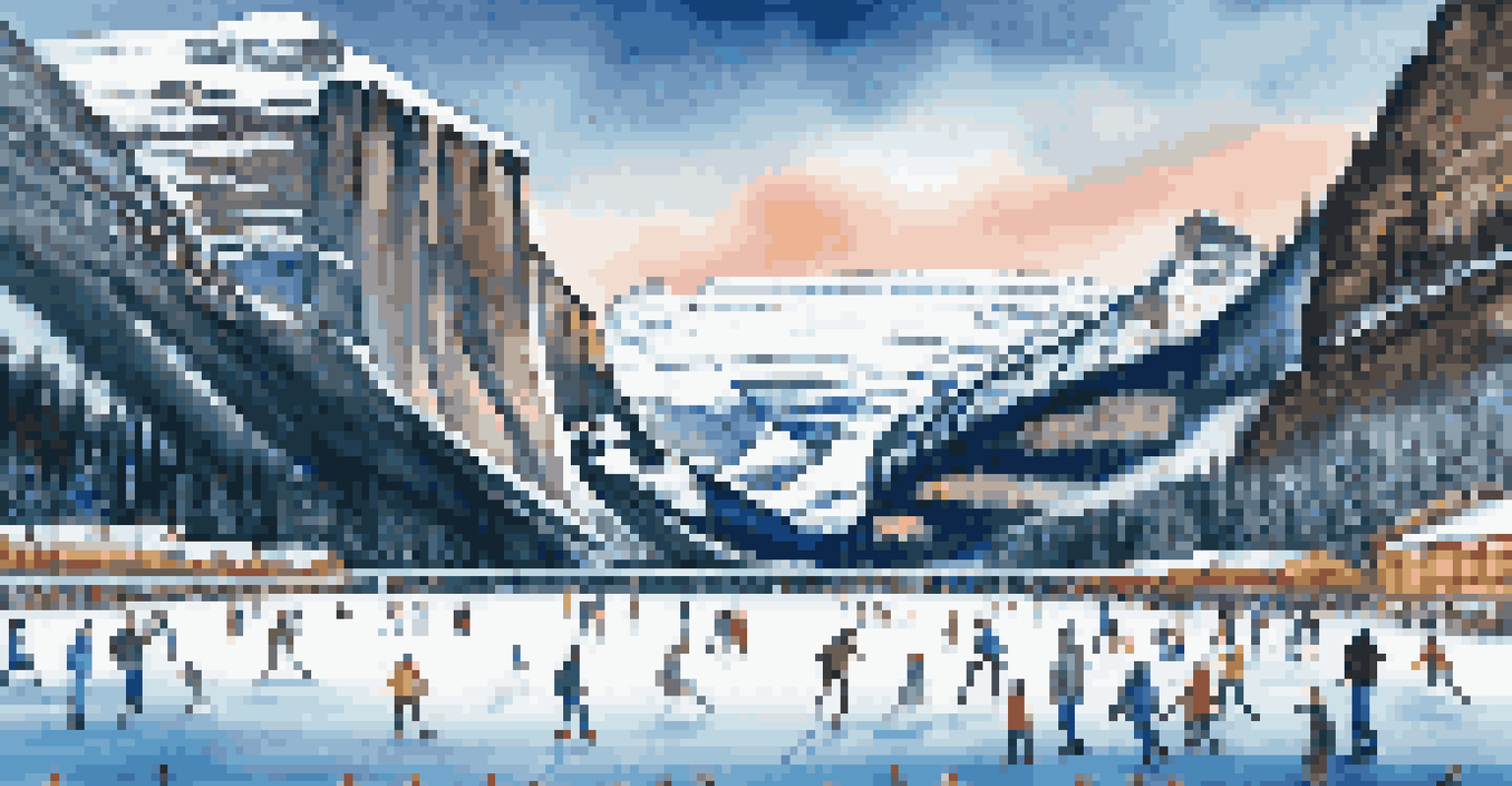 Ice skaters enjoying the frozen Lake Louise with snow-capped mountains and the Fairmont Chateau in the background.
