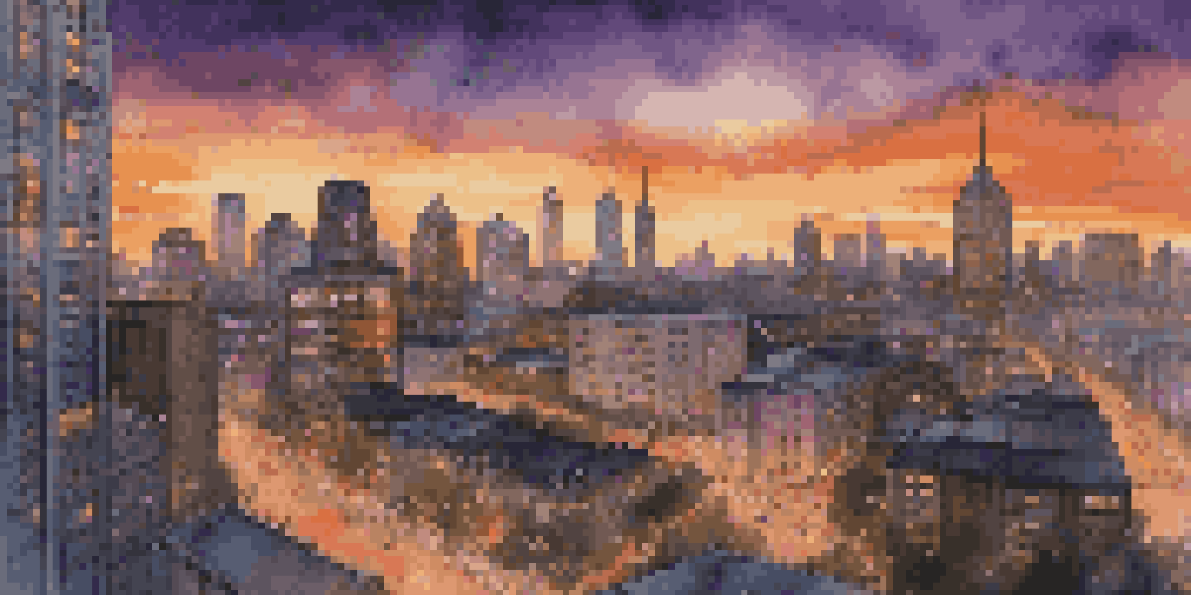 A city skyline at twilight with skyscrapers reflecting sunset colors and illuminated streets.