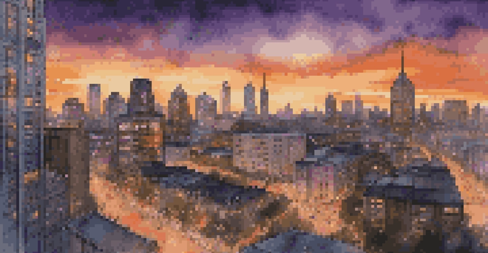 A city skyline at twilight with skyscrapers reflecting sunset colors and illuminated streets.