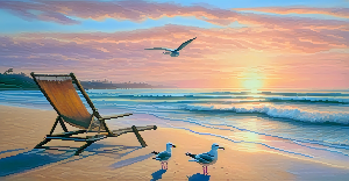 A tranquil beach at sunrise with gentle waves and colorful sky, featuring a beach chair and footprints in the sand.
