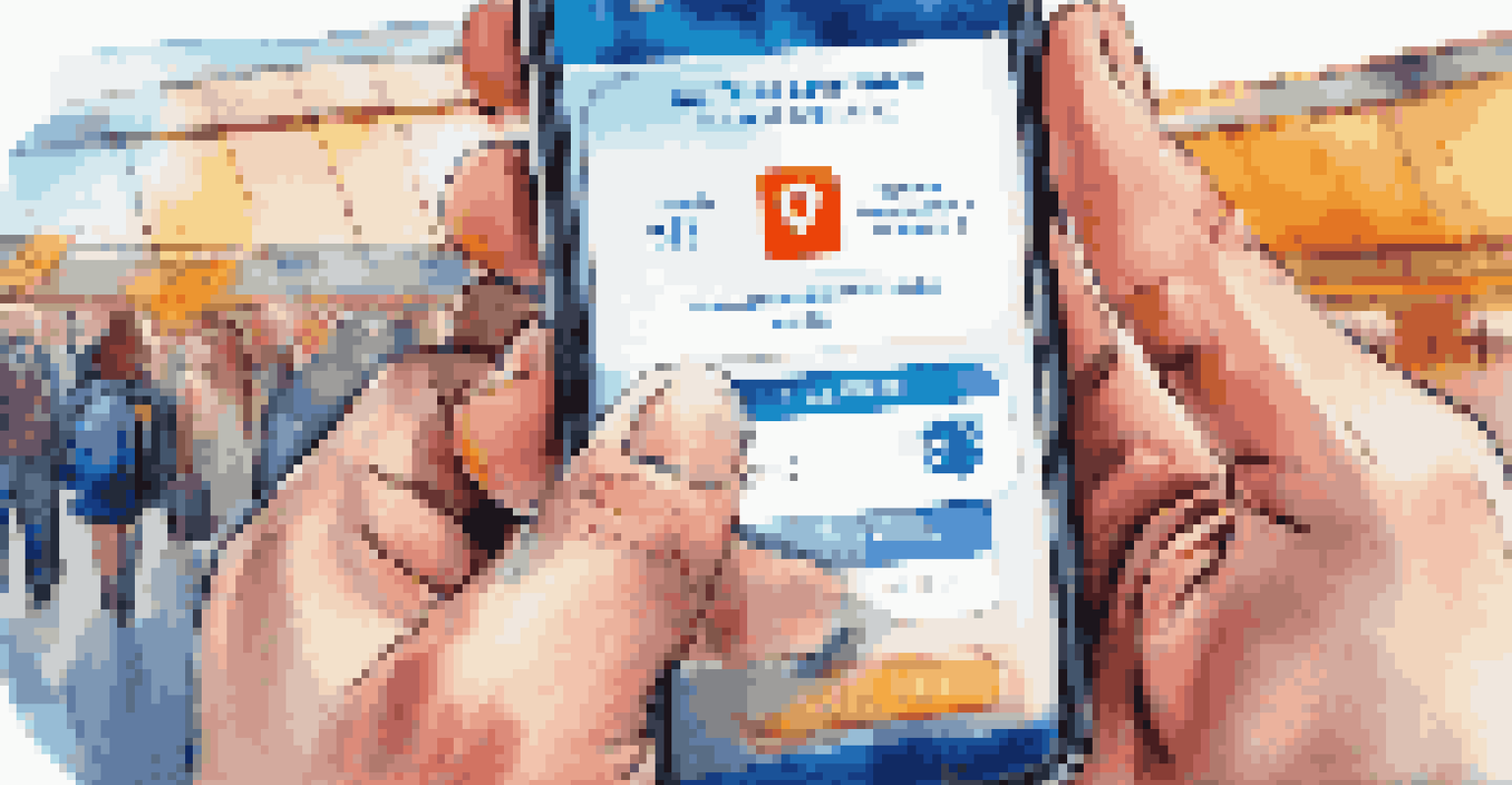 A close-up of hands holding a smartphone with a travel insurance app, set against a blurred airport background.
