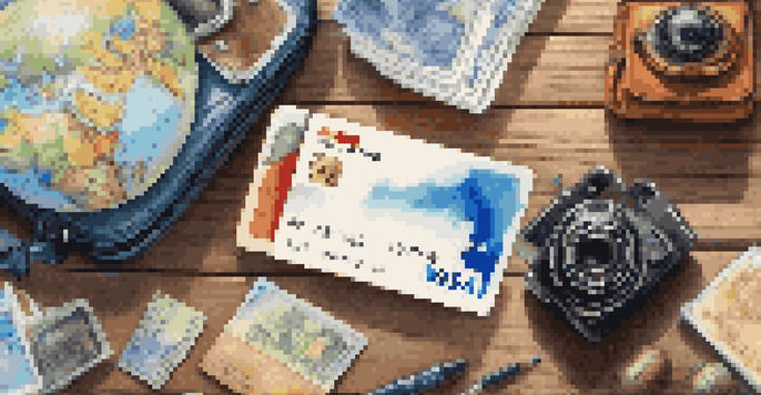 A travel credit card placed on a wooden table next to a globe, camera, and passport under soft natural light.