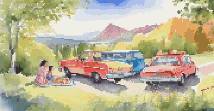 A family enjoying a road trip, with children playing outdoors near a parked car at a scenic overlook, surrounded by nature.