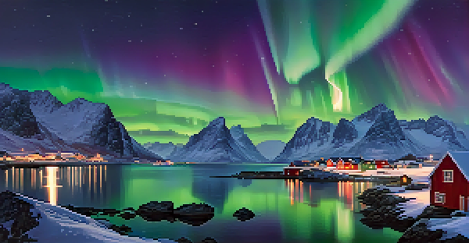 A stunning display of the Northern Lights over the Lofoten Islands, with a fishing village and reflections in the water.