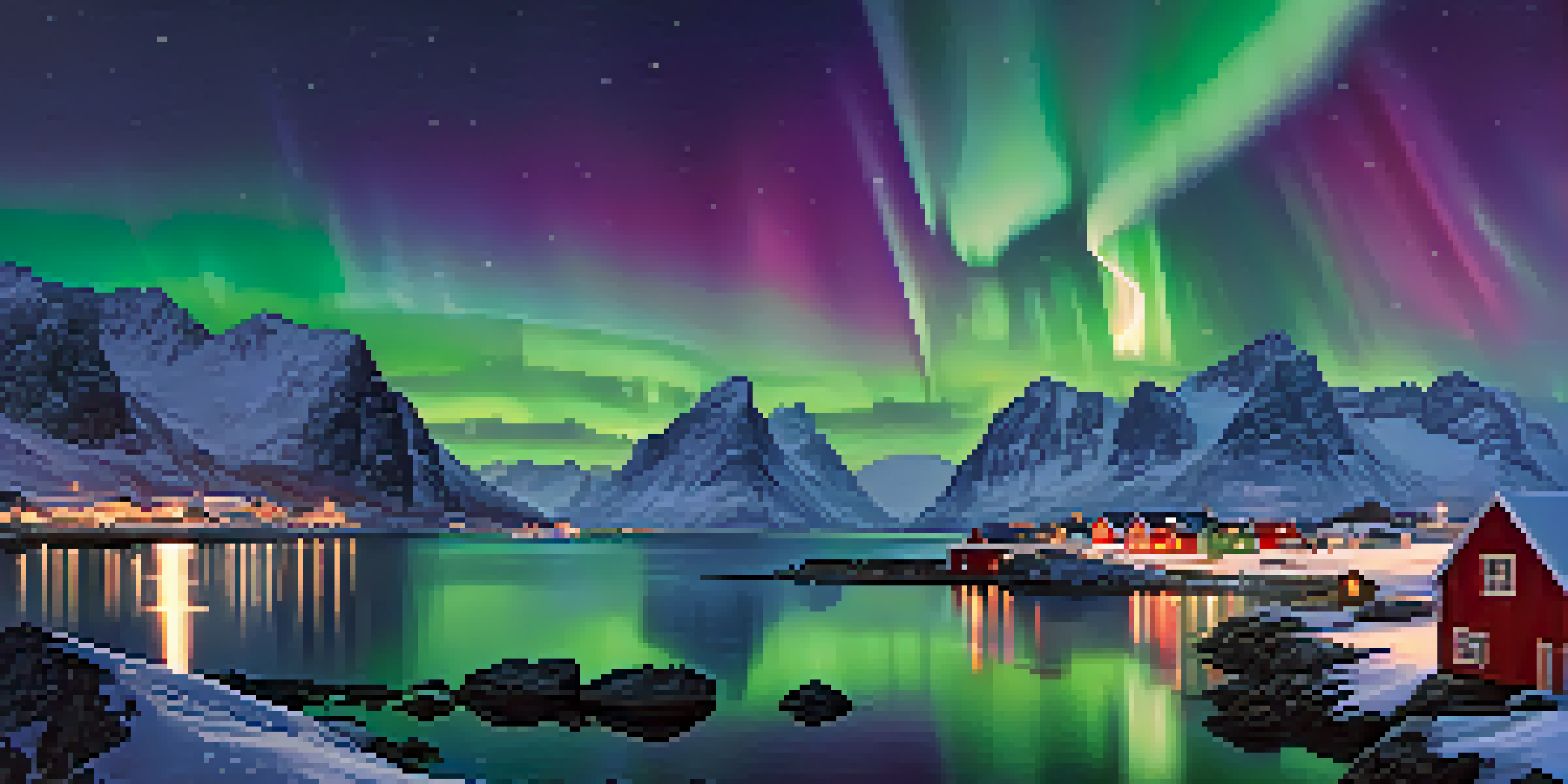 A stunning display of the Northern Lights over the Lofoten Islands, with a fishing village and reflections in the water.
