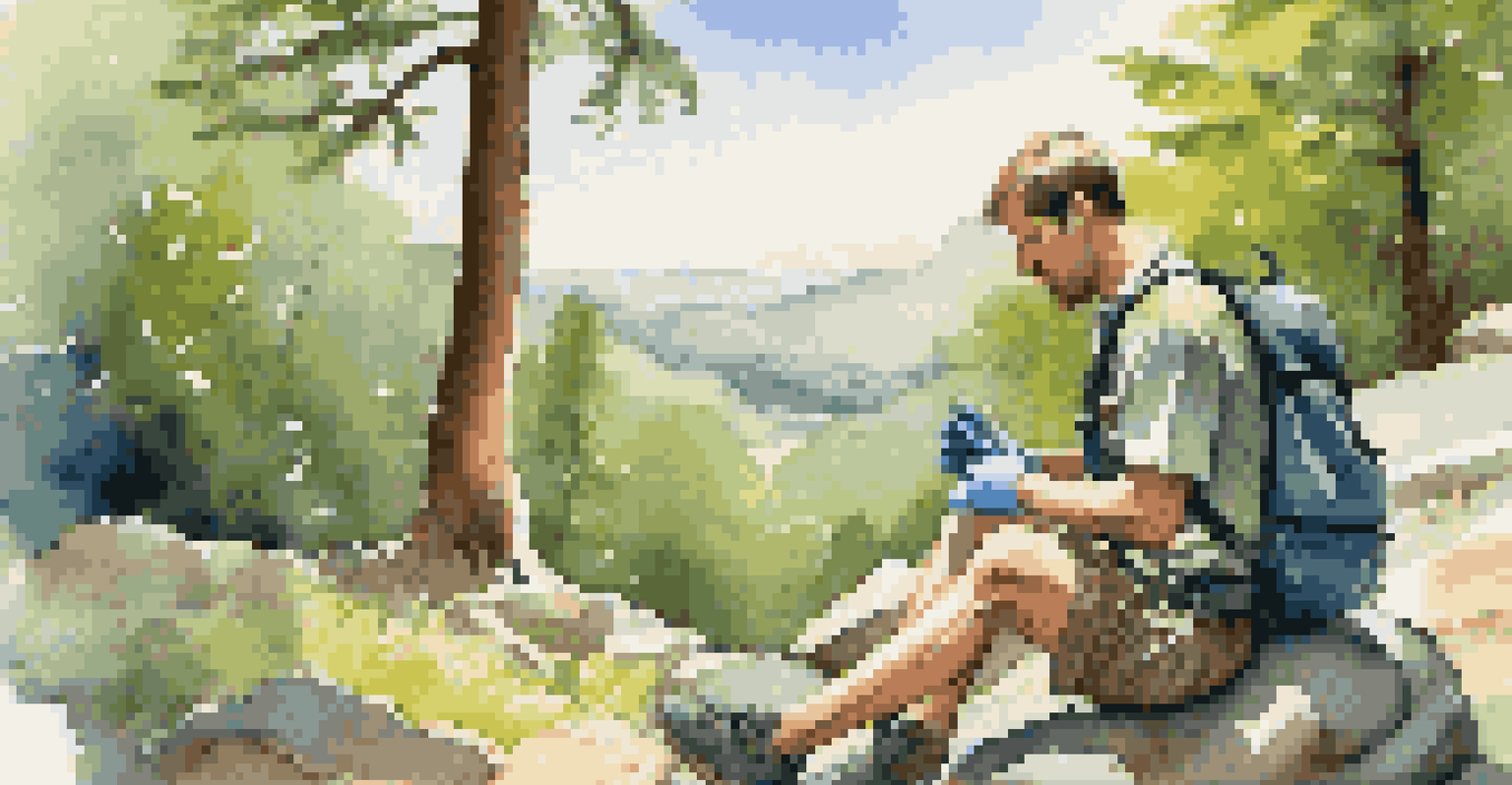 A hiker sitting on a rock, treating a scraped knee with items from a first aid kit in a lush outdoor setting.