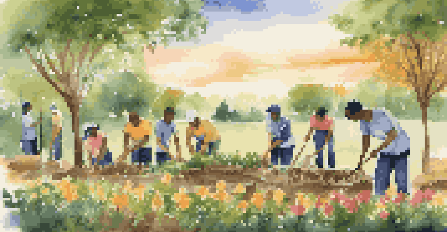 A group of volunteers planting trees in a vibrant park during sunset, surrounded by greenery, representing community service and cultural unity.