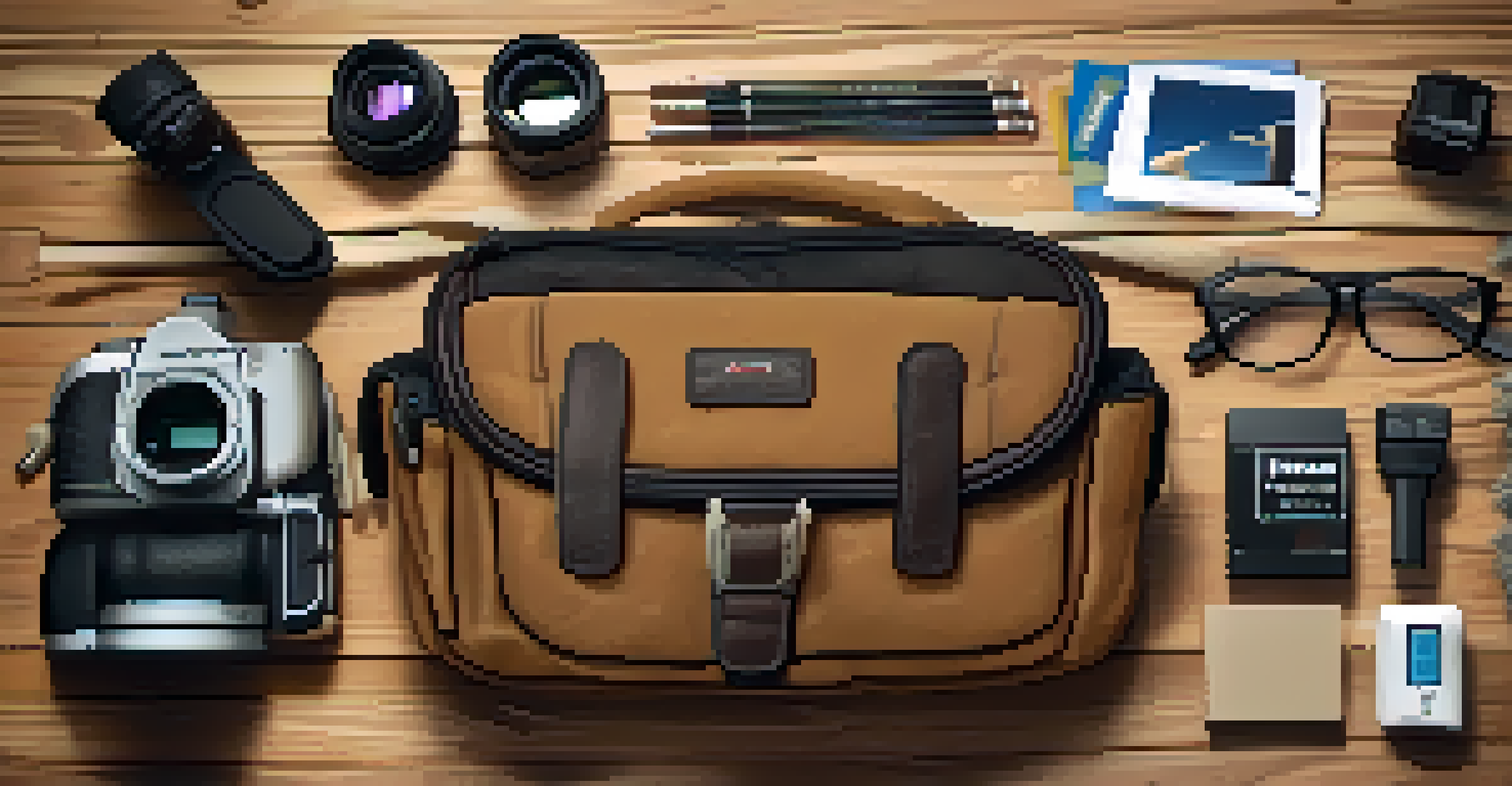 An open camera bag on a wooden table displaying organized photography gear including a camera, lens, batteries, and memory cards.