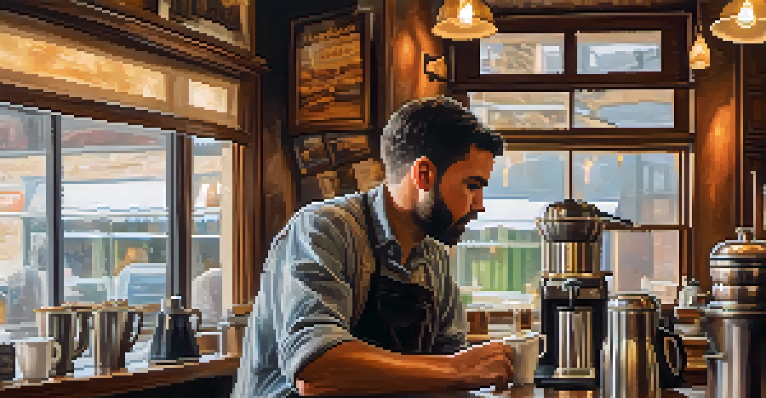 A barista making coffee in a cozy café, with warm lighting and rustic decor creating an inviting atmosphere.