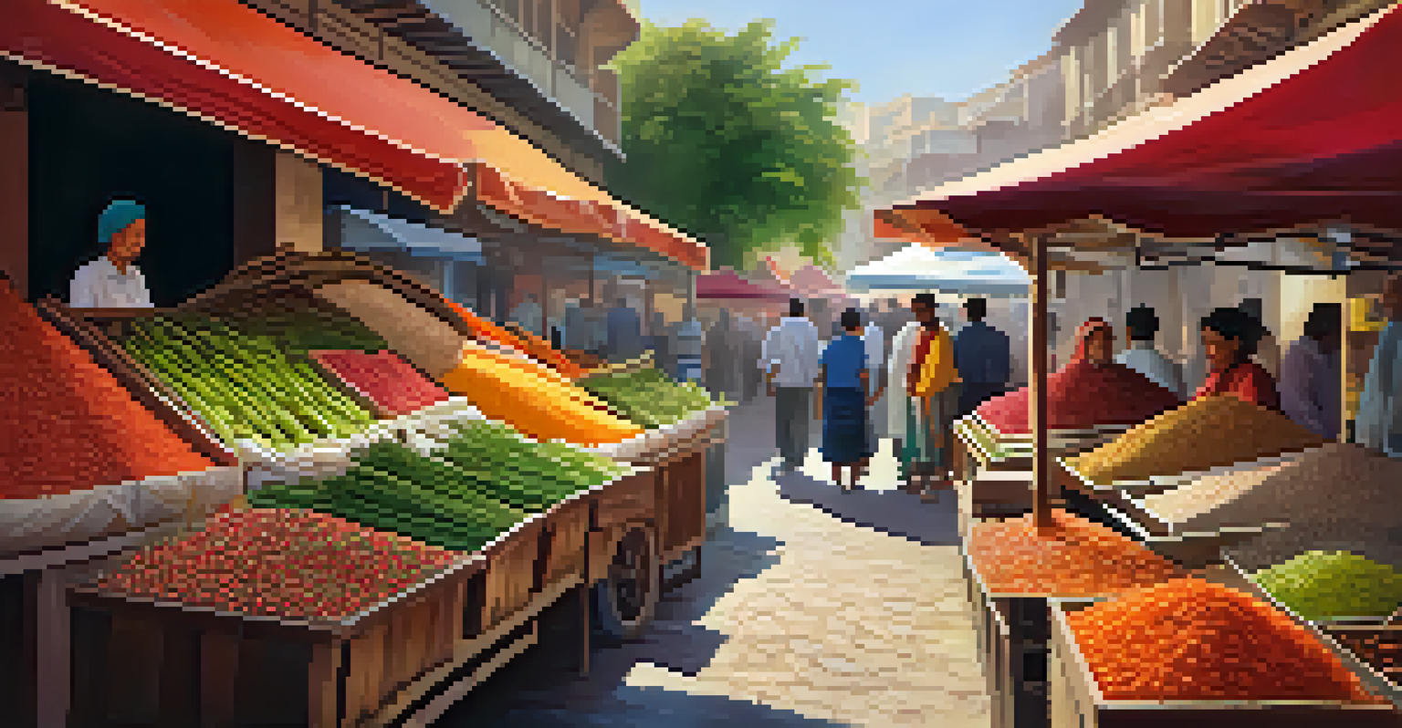 A lively local market filled with colorful spices and fresh produce, with vendors and locals interacting under sunlight.