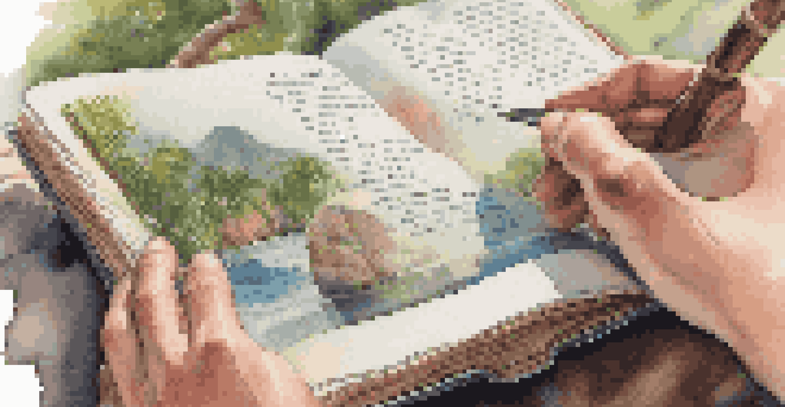 A traveler's hands holding an open guidebook about local laws with an exotic landscape in the background.