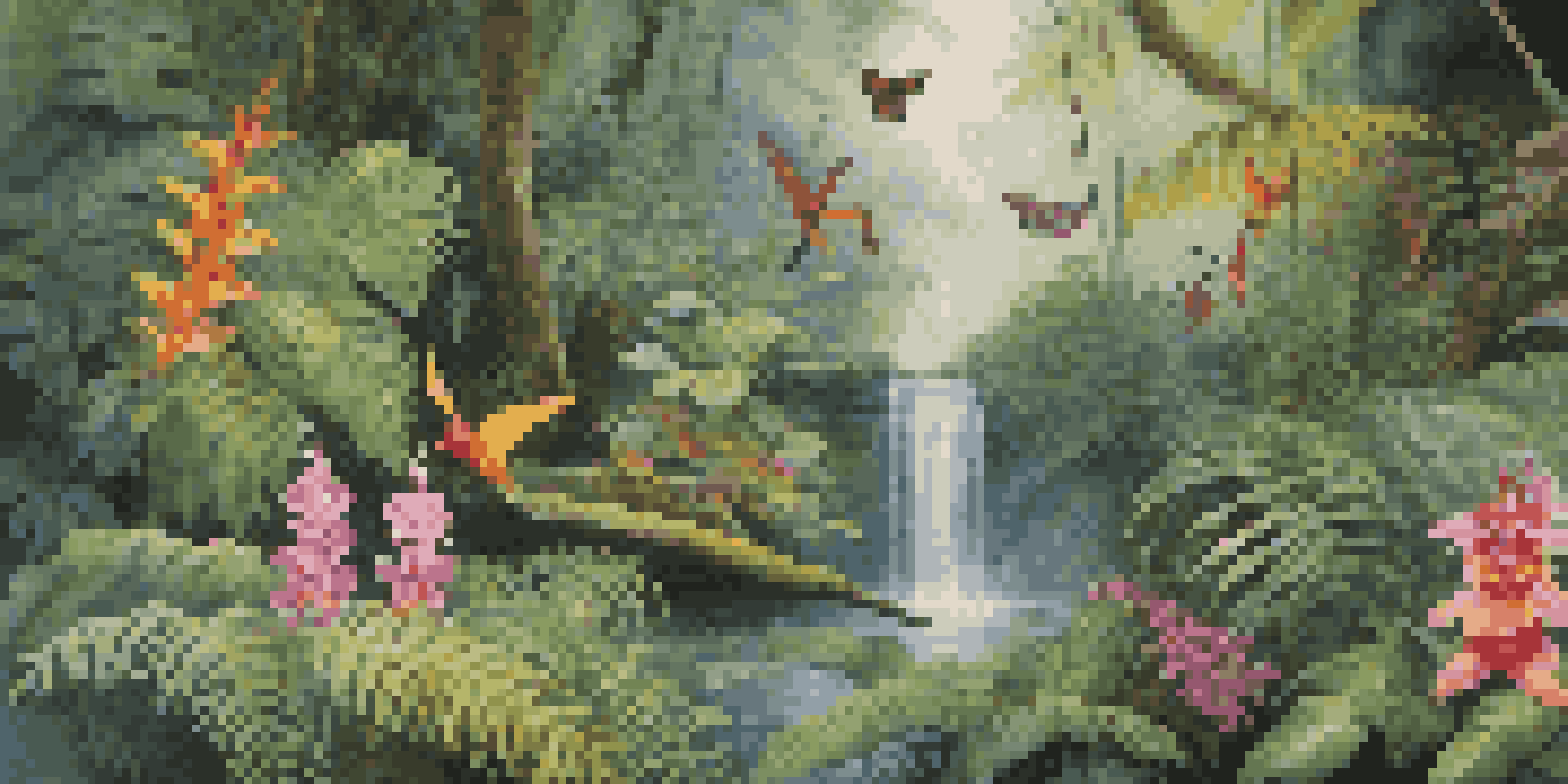 A colorful rainforest with orchids, ferns, a waterfall, and birds fluttering among the trees.