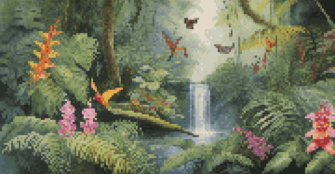 A colorful rainforest with orchids, ferns, a waterfall, and birds fluttering among the trees.