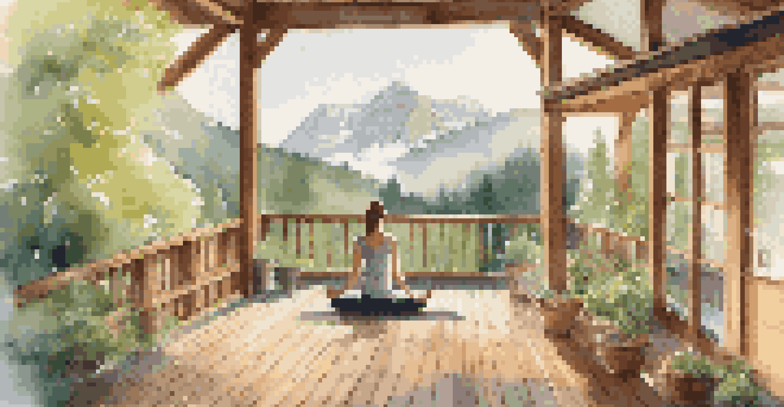 A peaceful mountain lodge scene with a person practicing yoga on a deck surrounded by trees.