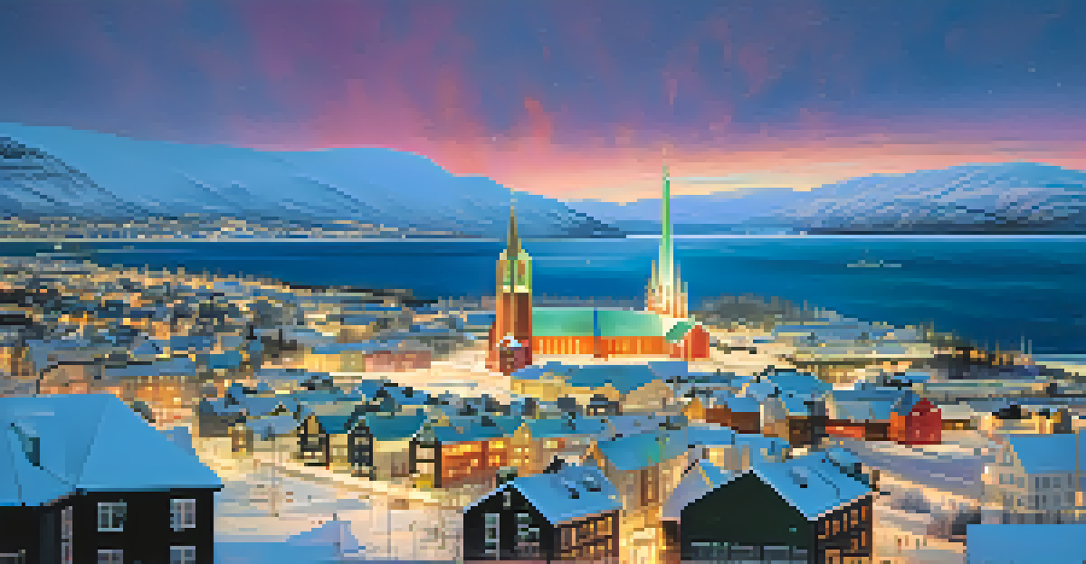 Aerial view of Tromsø with the Arctic Cathedral illuminated by Northern Lights above the city.