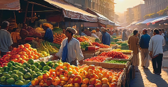 A colorful market scene at sunrise, with stalls of fruits and vegetables and people interacting.