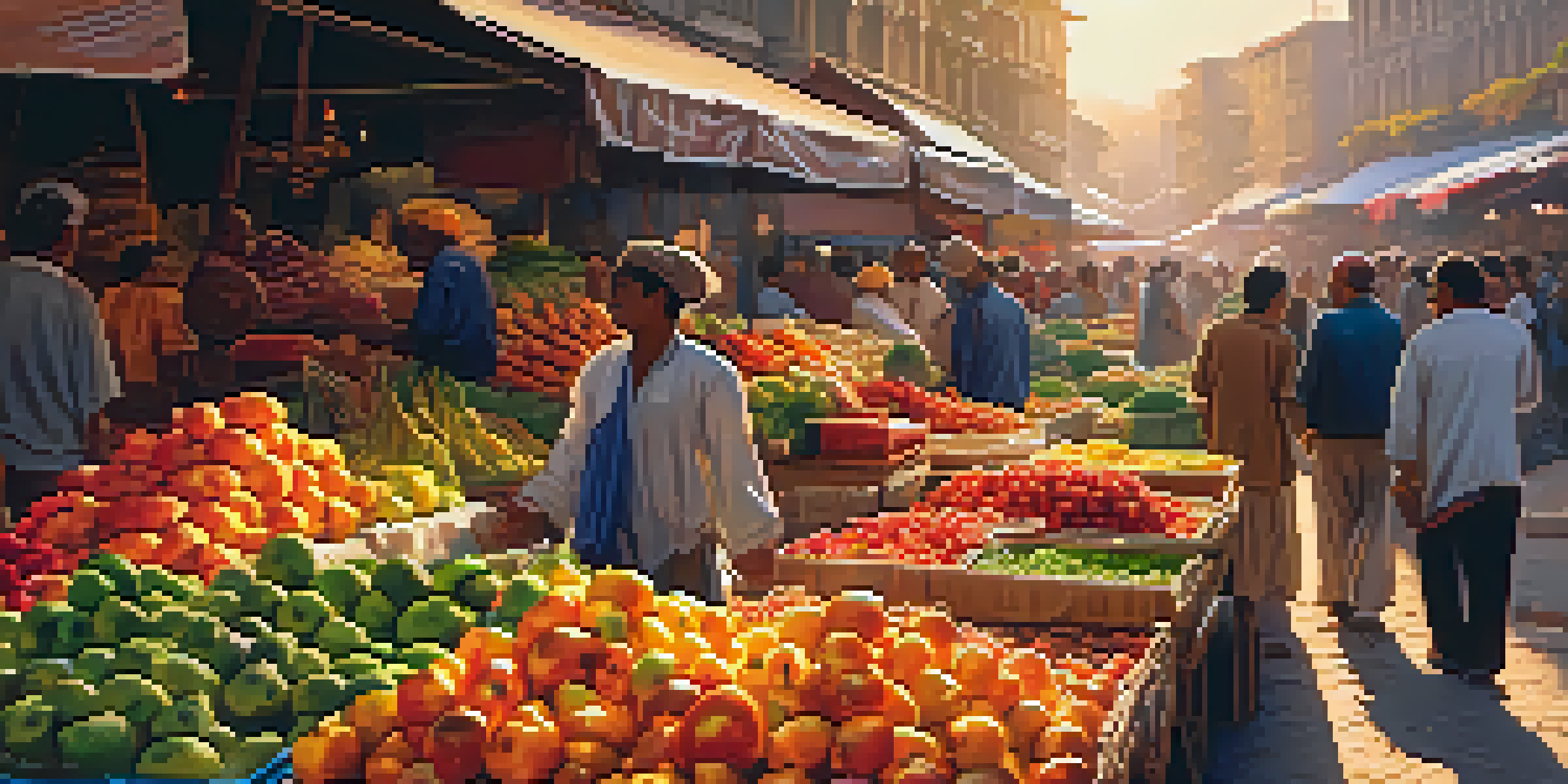 A colorful market scene at sunrise, with stalls of fruits and vegetables and people interacting.