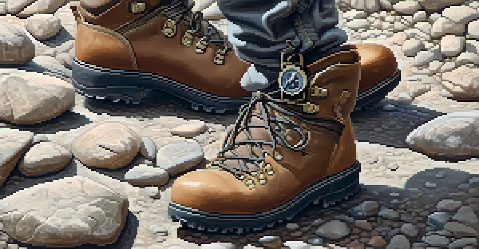 Close-up of a hiker's muddy boots on rocky ground, with a compass and map beside them.