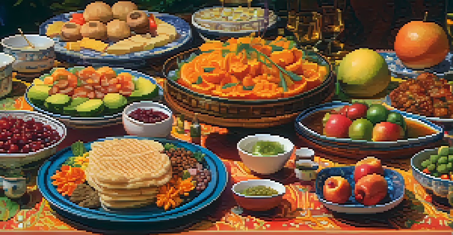 A close-up of a table filled with colorful traditional festival food and decorations.
