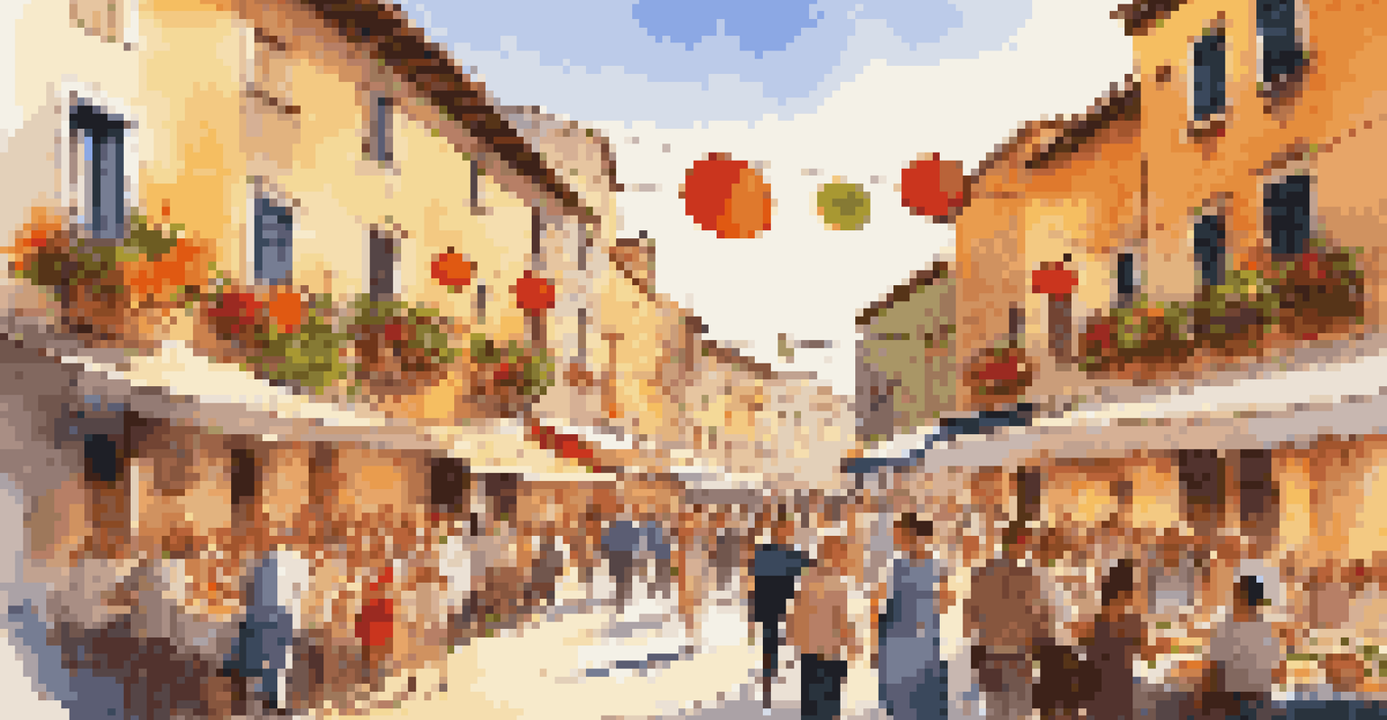 A lively Spanish village festival with colorful decorations and people enjoying tapas.