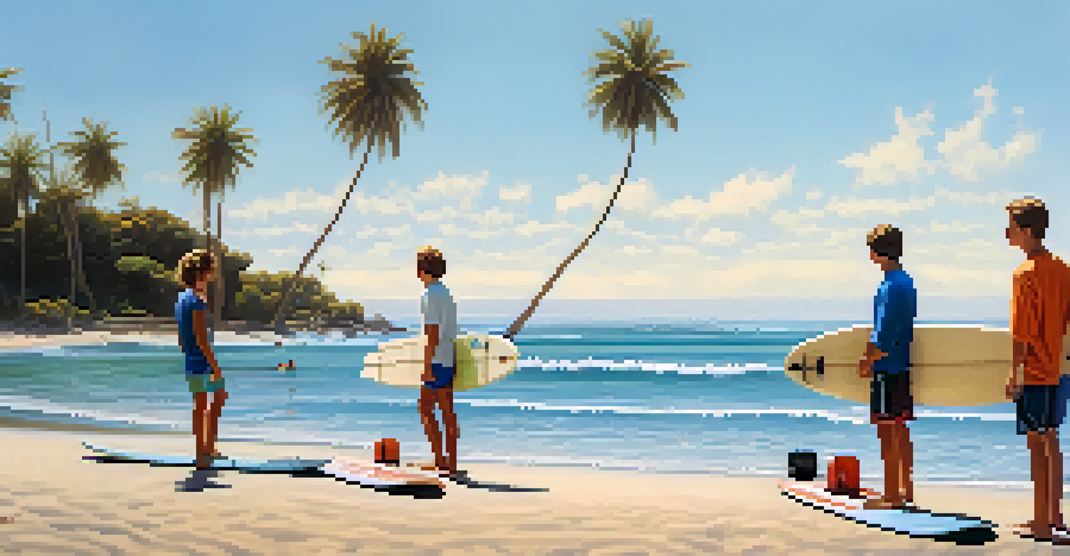 A group of beginner surfers paddling on soft-top longboards in a calm ocean, with a sandy beach in the background.
