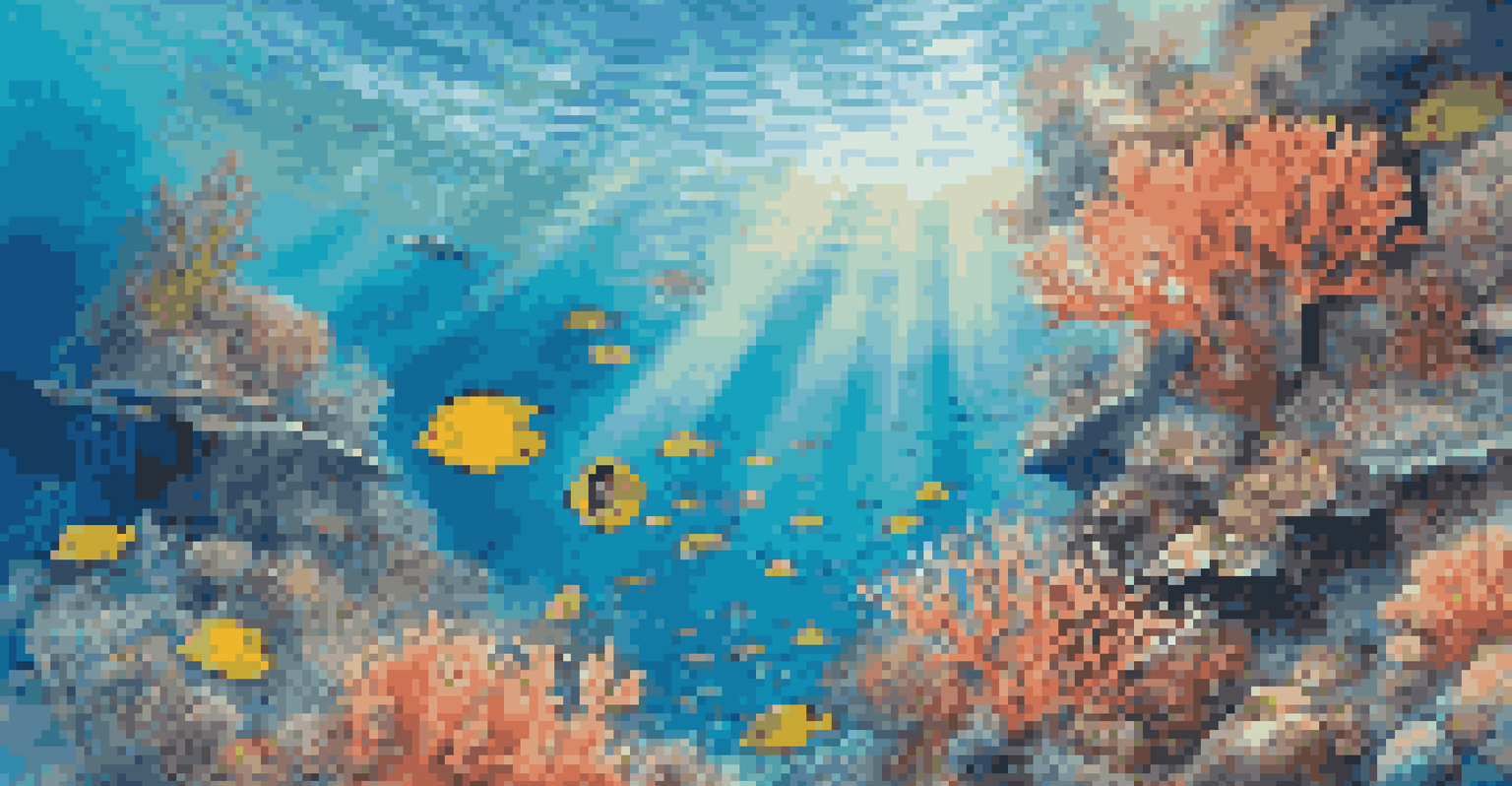 An underwater view of a vibrant coral reef with colorful fish and divers observing the marine life, illuminated by sunlight filtering through the water.