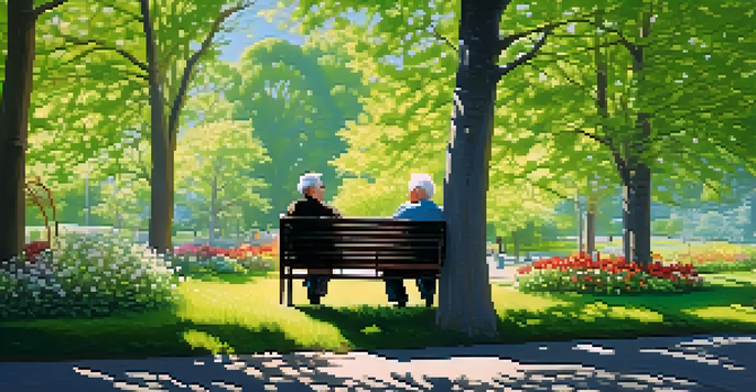 An elderly couple sitting on a bench in a park, surrounded by flowers and trees, under a bright blue sky with sunlight filtering through leaves.