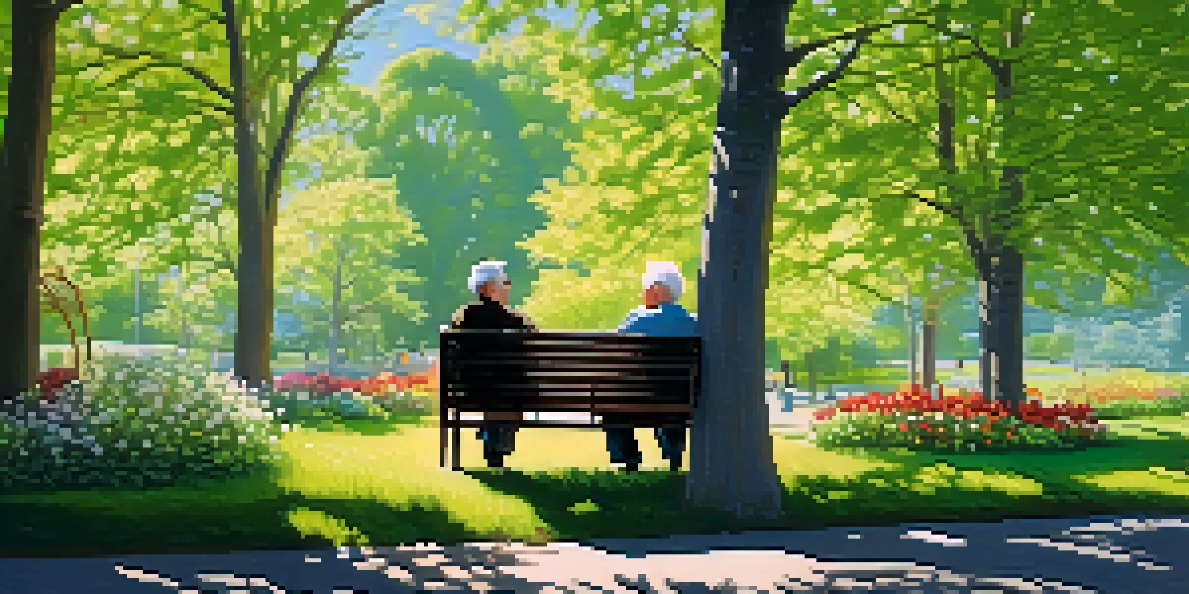 An elderly couple sitting on a bench in a park, surrounded by flowers and trees, under a bright blue sky with sunlight filtering through leaves.