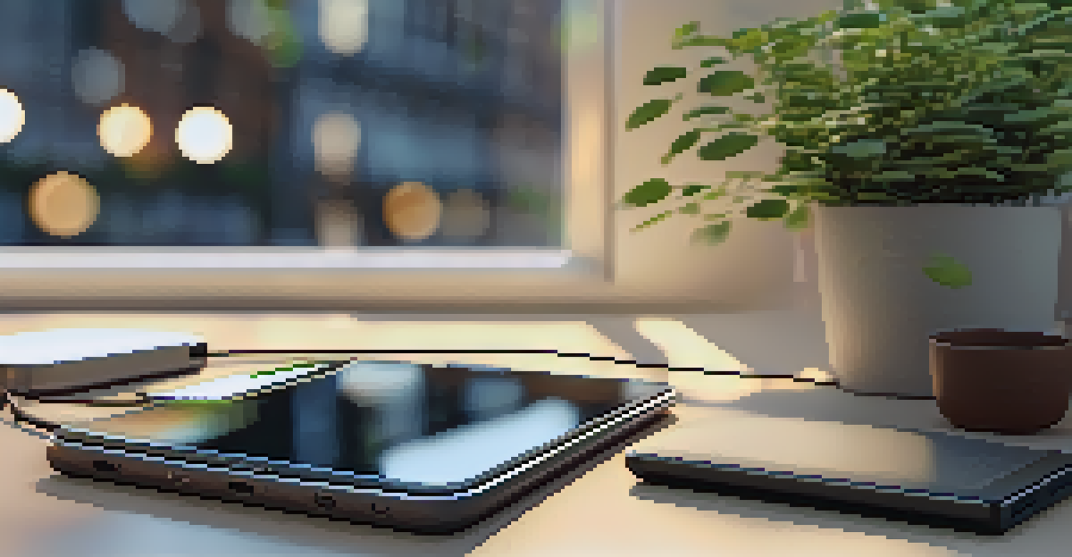 A minimalist workspace with a smartphone, portable charger, and earbuds on a clean desk, set against a cozy café background.