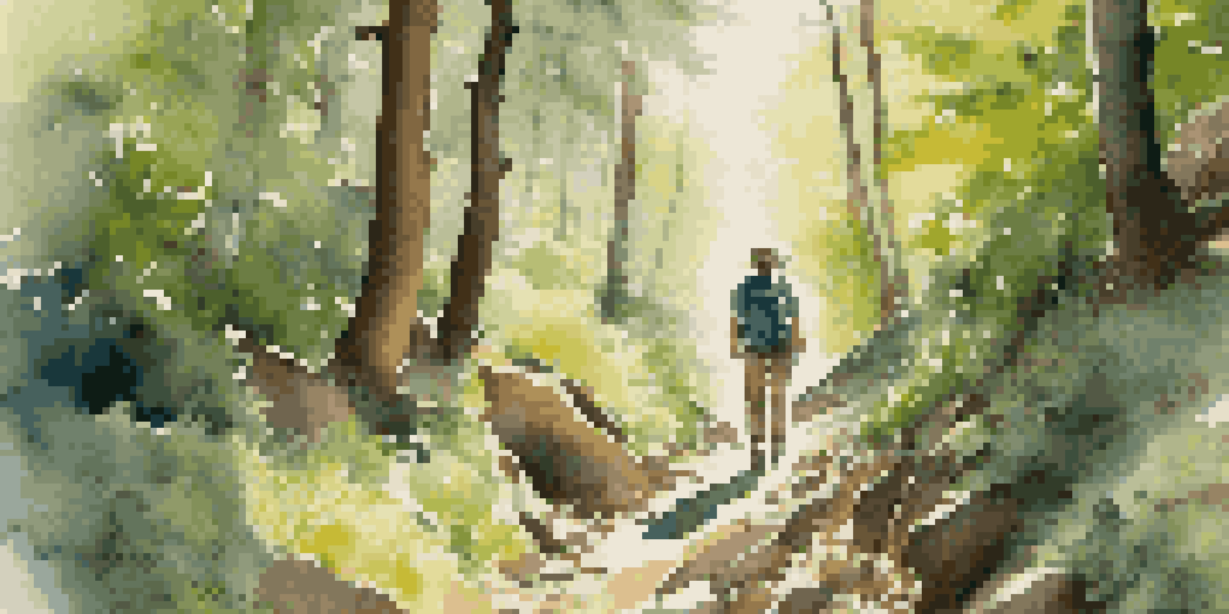 A hiker on a rocky trail in a lush green forest, wearing moisture-wicking clothing, a wide-brimmed hat, and sunglasses.